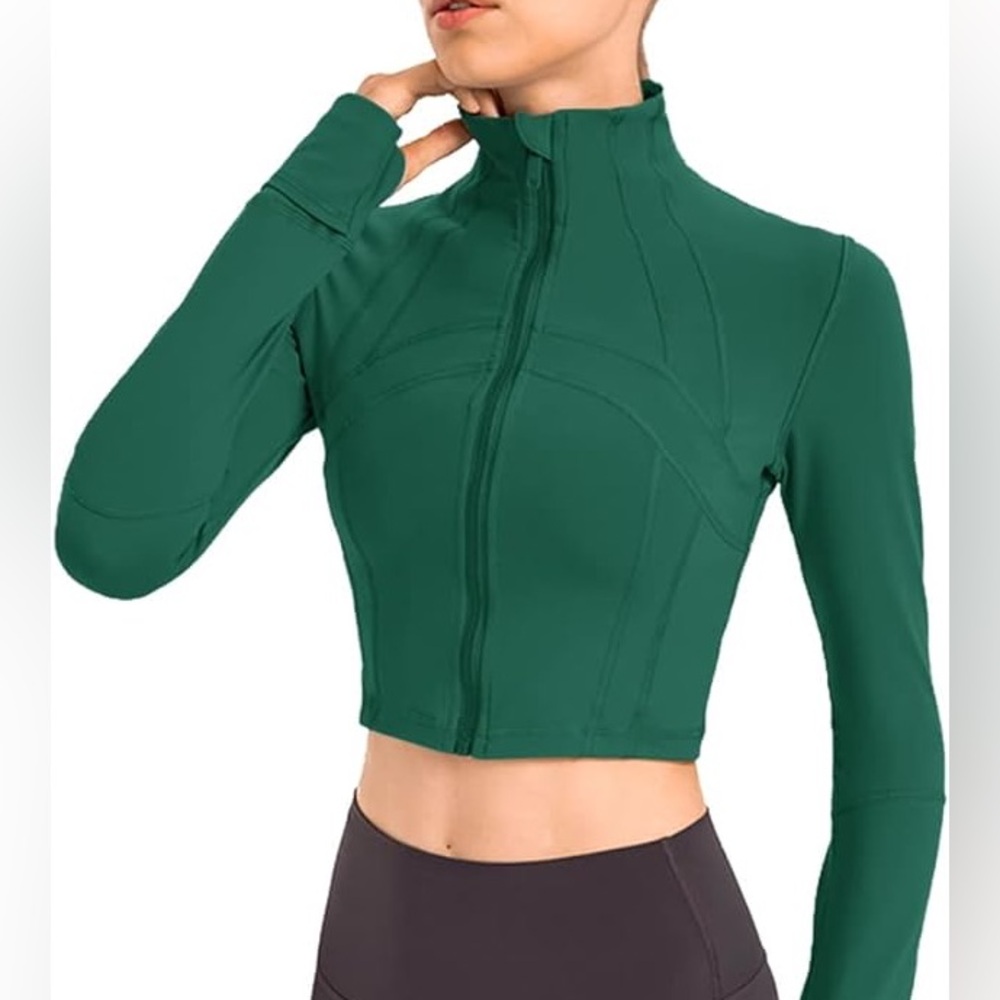 Women’s Cropped Zip Front Running Jacket, Green, Size Small, Yoga